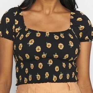 Hollister Sunflower Puff Sleeve Smocked Black Yellow Crop Top